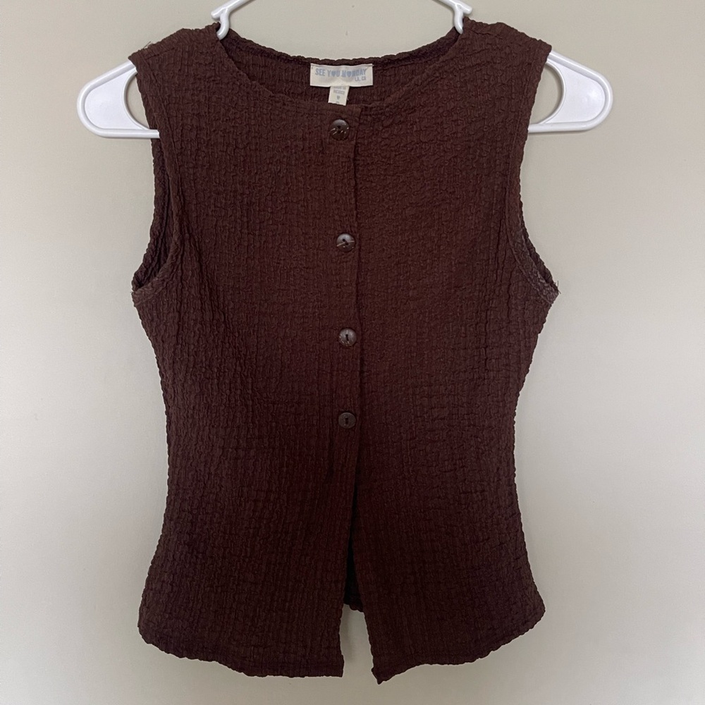 See You Monday Chocolate Brown Textured Crinkle Button Tank